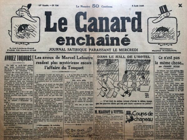 Couac ! | N° 736 du Canard Enchaîné - 6 Août 1930 | Nos Exemplaires du Canard Enchaîné sont archivés dans de bonnes conditions de conservation (obscurité, hygrométrie maitrisée et faible température), ce qui s'avère indispensable pour des journaux anciens. | 736 2