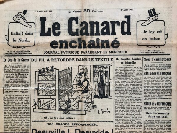 Couac ! | N° 739 du Canard Enchaîné - 27 Août 1930 | Nos Exemplaires du Canard Enchaîné sont archivés dans de bonnes conditions de conservation (obscurité, hygrométrie maitrisée et faible température), ce qui s'avère indispensable pour des journaux anciens. | 739