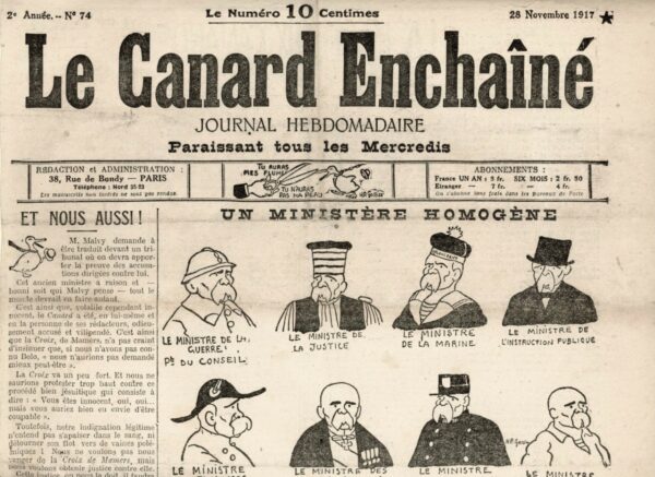 Couac ! | N° 74 du Canard Enchaîné - 28 Novembre 1917 | Un ministère homogène - Clémenceau a nommé son gouvernement avec de faibles personnalités, pour mieux le contrôler. Fameux dessin de HP Gassier - | 74 4