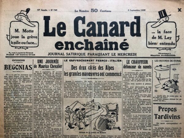 Couac ! | N° 740 du Canard Enchaîné - 3 Septembre 1930 | Nos Exemplaires du Canard Enchaîné sont archivés dans de bonnes conditions de conservation (obscurité, hygrométrie maitrisée et faible température), ce qui s'avère indispensable pour des journaux anciens. | 740