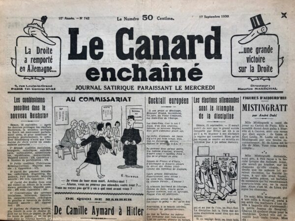 Couac ! | N° 742 du Canard Enchaîné - 17 Septembre 1930 | Nos Exemplaires du Canard Enchaîné sont archivés dans de bonnes conditions de conservation (obscurité, hygrométrie maitrisée et faible température), ce qui s'avère indispensable pour des journaux anciens. | 742 1