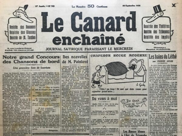 Couac ! | N° 743 du Canard Enchaîné - 24 Septembre 1930 | Nos Exemplaires du Canard Enchaîné sont archivés dans de bonnes conditions de conservation (obscurité, hygrométrie maitrisée et faible température), ce qui s'avère indispensable pour des journaux anciens. | 743