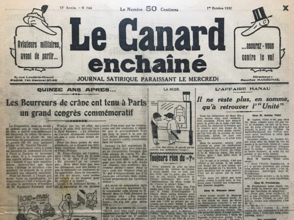 Couac ! | N° 744 du Canard Enchaîné - 1 Octobre 1930 | Nos Exemplaires du Canard Enchaîné sont archivés dans de bonnes conditions de conservation (obscurité, hygrométrie maitrisée et faible température), ce qui s'avère indispensable pour des journaux anciens. | 744