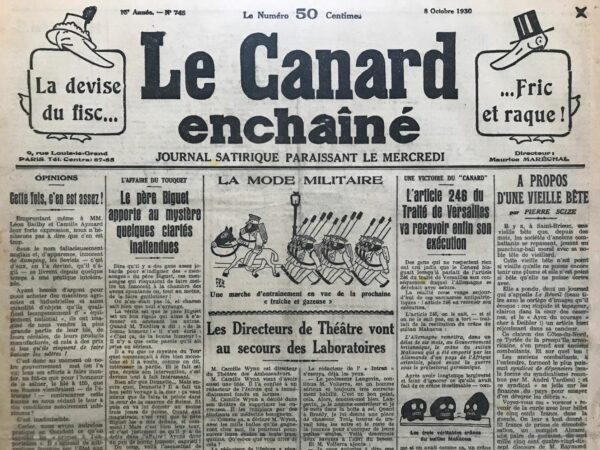 Couac ! | N° 745 du Canard Enchaîné - 8 Octobre 1930 | Nos Exemplaires du Canard Enchaîné sont archivés dans de bonnes conditions de conservation (obscurité, hygrométrie maitrisée et faible température), ce qui s'avère indispensable pour des journaux anciens. | 745