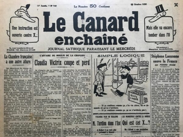 Couac ! | N° 747 du Canard Enchaîné - 22 Octobre 1930 | Nos Exemplaires du Canard Enchaîné sont archivés dans de bonnes conditions de conservation (obscurité, hygrométrie maitrisée et faible température), ce qui s'avère indispensable pour des journaux anciens. | 747