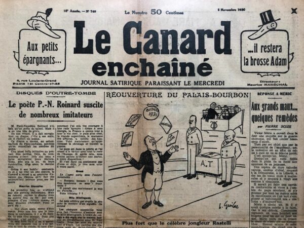 Couac ! | N° 749 du Canard Enchaîné - 5 Novembre 1930 | Nos Exemplaires du Canard Enchaîné sont archivés dans de bonnes conditions de conservation (obscurité, hygrométrie maitrisée et faible température), ce qui s'avère indispensable pour des journaux anciens. | 749