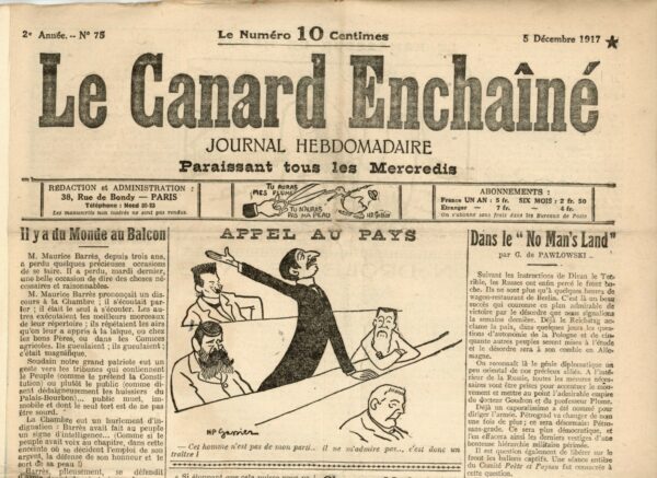 Couac ! | N° 75 du Canard Enchaîné - 5 Décembre 1917 | Nos Exemplaires du Canard Enchaîné sont archivés dans de bonnes conditions de conservation (obscurité, hygrométrie maitrisée et faible température), ce qui s'avère indispensable pour des journaux anciens. | 75 3