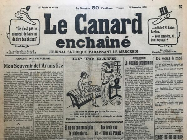 Couac ! | N° 750 du Canard Enchaîné - 12 Novembre 1930 | Nos Exemplaires du Canard Enchaîné sont archivés dans de bonnes conditions de conservation (obscurité, hygrométrie maitrisée et faible température), ce qui s'avère indispensable pour des journaux anciens. | 750