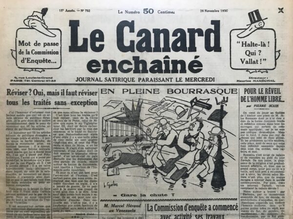 Couac ! | N° 752 du Canard Enchaîné - 26 Novembre 1930 | Nos Exemplaires du Canard Enchaîné sont archivés dans de bonnes conditions de conservation (obscurité, hygrométrie maitrisée et faible température), ce qui s'avère indispensable pour des journaux anciens. | 752