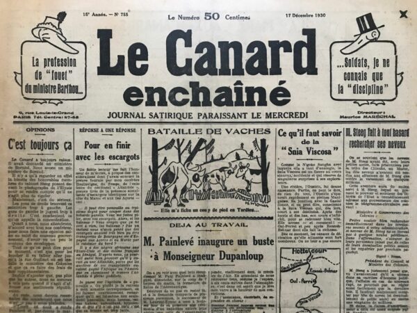 Couac ! | N° 755 du Canard Enchaîné - 17 Décembre 1930 | Nos Exemplaires du Canard Enchaîné sont archivés dans de bonnes conditions de conservation (obscurité, hygrométrie maitrisée et faible température), ce qui s'avère indispensable pour des journaux anciens. | 755