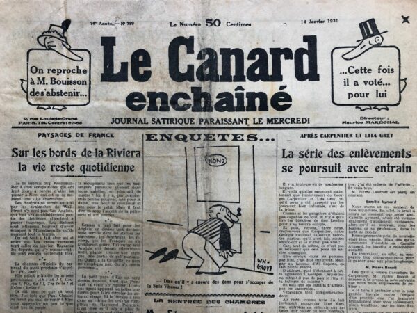 Couac ! | N° 759 du Canard Enchaîné - 14 Janvier 1931 | Nos Exemplaires du Canard Enchaîné sont archivés dans de bonnes conditions de conservation (obscurité, hygrométrie maitrisée et faible température), ce qui s'avère indispensable pour des journaux anciens. | 759