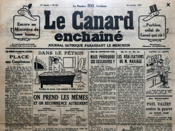 Couac ! | N° 761 du Canard Enchaîné - 28 Janvier 1931 | Encore un ministère de bonne humeur...Parbleu, celui de Laval qui rit ! - La carrière de M. Laval - Paul Valéry contre la guerre, par Pierre Scize - | 761