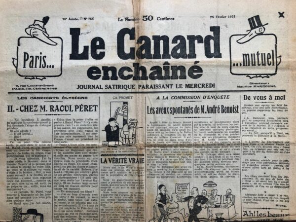 Couac ! | N° 765 du Canard Enchaîné - 25 Février 1931 | Nos Exemplaires du Canard Enchaîné sont archivés dans de bonnes conditions de conservation (obscurité, hygrométrie maitrisée et faible température), ce qui s'avère indispensable pour des journaux anciens. | 765