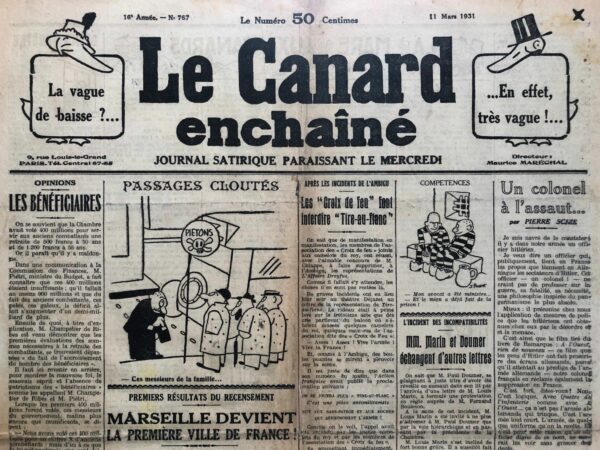 Couac ! | N° 767 du Canard Enchaîné - 11 Mars 1931 | Nos Exemplaires du Canard Enchaîné sont archivés dans de bonnes conditions de conservation (obscurité, hygrométrie maitrisée et faible température), ce qui s'avère indispensable pour des journaux anciens. | 767