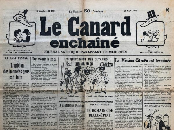 Couac ! | N° 769 du Canard Enchaîné - 25 Mars 1931 | Nos Exemplaires du Canard Enchaîné sont archivés dans de bonnes conditions de conservation (obscurité, hygrométrie maitrisée et faible température), ce qui s'avère indispensable pour des journaux anciens. | 769