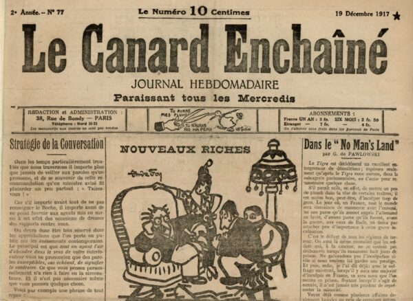 Couac ! | N° 77 du Canard Enchaîné - 19 Décembre 1917 | Nos Exemplaires du Canard Enchaîné sont archivés dans de bonnes conditions de conservation (obscurité, hygrométrie maitrisée et faible température), ce qui s'avère indispensable pour des journaux anciens. | 77 3 e1702019738254