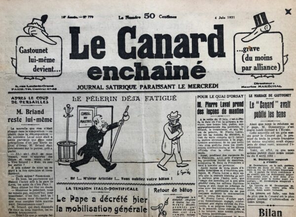 Couac ! | N° 779 du Canard Enchaîné - 3 Juin 1931 | Nos Exemplaires du Canard Enchaîné sont archivés dans de bonnes conditions de conservation (obscurité, hygrométrie maitrisée et faible température), ce qui s'avère indispensable pour des journaux anciens. | 779