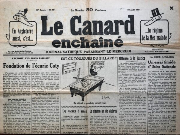 Couac ! | N° 791 du Canard Enchaîné - 26 Août 1931 | Nos Exemplaires du Canard Enchaîné sont archivés dans de bonnes conditions de conservation (obscurité, hygrométrie maitrisée et faible température), ce qui s'avère indispensable pour des journaux anciens. | 791