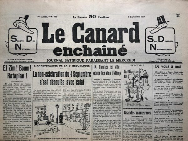 Couac ! | N° 793 du Canard Enchaîné - 9 Septembre 1931 | Nos Exemplaires du Canard Enchaîné sont archivés dans de bonnes conditions de conservation (obscurité, hygrométrie maitrisée et faible température), ce qui s'avère indispensable pour des journaux anciens. | 793