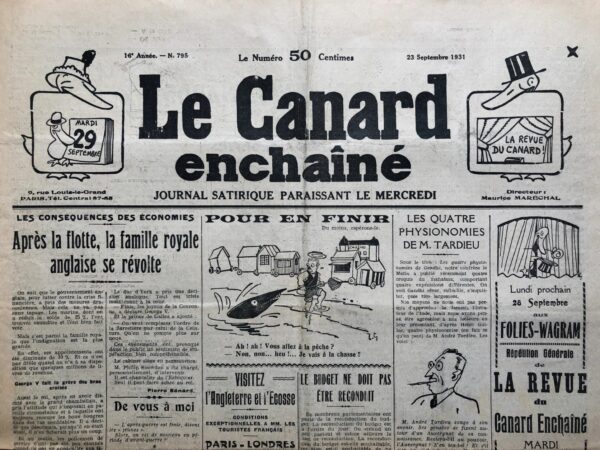 Couac ! | N° 795 du Canard Enchaîné - 23 Septembre 1931 | Nos Exemplaires du Canard Enchaîné sont archivés dans de bonnes conditions de conservation (obscurité, hygrométrie maitrisée et faible température), ce qui s'avère indispensable pour des journaux anciens. | 795