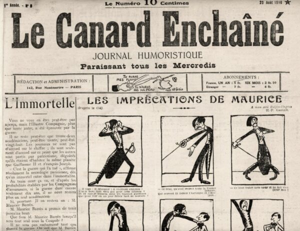 Couac ! | N° 8 du Canard Enchaîné - 23 Août 1916 | L'article "L'immortelle", par G. de la Fouchardière et publié dans Le Canard Enchaîné le 23 août 1916, est une satire mordante de l'Académie Française et de ses membres, en particulier Maurice Barrès. Le texte imagine une situation où, à cause de la guerre, l'Académie est presque décimée et Maurice Barrès se retrouve le seul académicien. L'article commence par noter que la guerre a durement frappé l'Académie Française, laissant potentiellement entre vingt-huit et trente-deux membres vivants. Cette exagération humoristique met en lumière la manière dont la guerre affecte toutes les strates de la société, y compris les cercles intellectuels les plus prestigieux. Maurice Barrès, célèbre écrivain et homme politique de l'époque, est présenté comme un personnage vaniteux et suffisant. L'idée qu'il pourrait rester le seul académicien et qu'il se suffirait à lui-même est une critique acerbe de son égoïsme perçu et de son autosatisfaction. L'Académie, traditionnellement composée de quarante membres, se retrouve ainsi transformée en une institution dirigée par un homme seul, ce qui souligne l'absurdité d'une telle situation. L'article décrit de manière satirique le processus habituel d'élection des académiciens, où les candidats font trente-neuf visites rituelles. Ici, ce sont trente-neuf candidats qui rendraient visite à Maurice Barrès, mettant en évidence le caractère pompeux et quelque peu ridicule de ces traditions. Le jour de la réception, Barrès devrait prononcer trente-neuf discours, ce qui souligne l'exagération et l'irréalisme de la situation. La satire se poursuit en critiquant les critères de sélection des membres de l'Académie, suggérant que Barrès choisirait des noms basés sur des affiliations militaires ou journalistiques, plutôt que sur des mérites littéraires. Les noms mentionnés, tels que le général Cherfils et Mme Lucie Demarmeladrus, ajoutent une dimension absurde à cette vision futuriste de l'Académie. Le texte utilise une métaphore mathématique pour critiquer la valeur des académiciens, affirmant que plus un individu se rapproche de zéro en termes de valeur morale et intellectuelle, plus il est adapté à l'Académie. Cette critique sous-entend que l'Académie est remplie de membres insignifiants, dont la seule fonction est d'ajouter un nombre à une institution déjà déconnectée de la réalité. Enfin, l'article se termine en suggérant que Maurice Barrès pourrait choisir de mourir ou de s'engager dans l'armée une fois son œuvre de reconstruction de l'Académie accomplie. Cette conclusion ironique souligne la futilité des préoccupations académiques face à la réalité brutale de la guerre. "L'immortelle" est un brillant exemple de satire qui utilise l'humour pour critiquer les institutions et les personnalités de l'époque. En se moquant de l'Académie Française et de Maurice Barrès, Le Canard Enchaîné dénonce l'élitisme, le snobisme et l'égocentrisme des milieux intellectuels, tout en soulignant l'absurdité des traditions et des rituels académiques dans le contexte d'une guerre dévastatrice. | 8 4