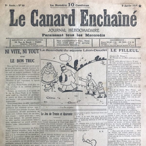 Couac ! | N° 80 du Canard Enchaîné - 9 Janvier 1918 | Nos Exemplaires du Canard Enchaîné sont archivés dans de bonnes conditions de conservation (obscurité, hygrométrie maitrisée et faible température), ce qui s'avère indispensable pour des journaux anciens. | 80