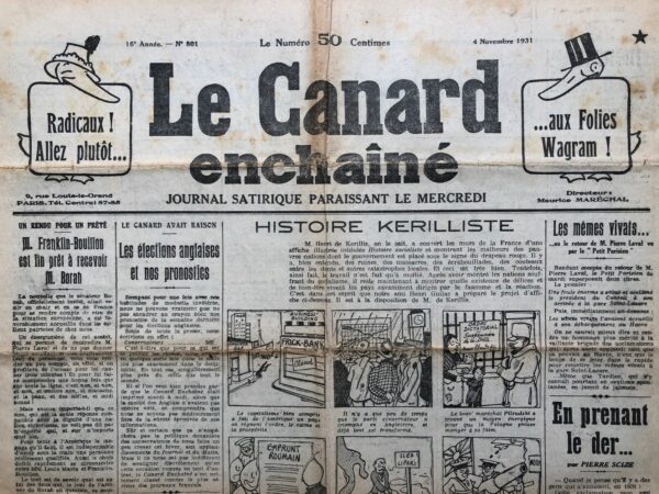 Couac ! | N° 801 du Canard Enchaîné - 4 Novembre 1931 | Nos Exemplaires du Canard Enchaîné sont archivés dans de bonnes conditions de conservation (obscurité, hygrométrie maitrisée et faible température), ce qui s'avère indispensable pour des journaux anciens. | 801