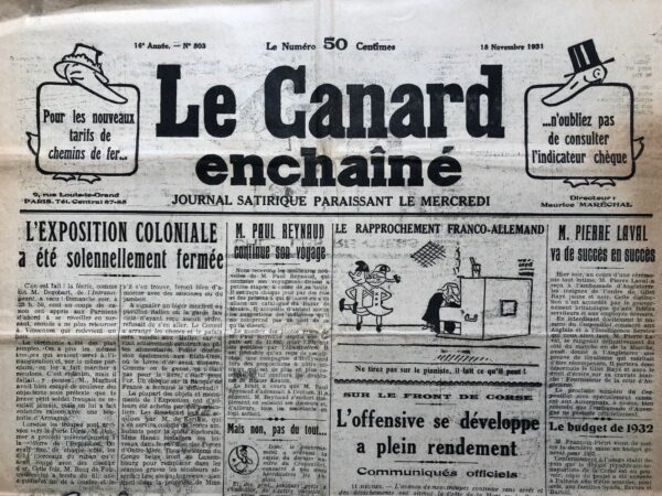 Couac ! | N° 803 du Canard Enchaîné - 18 Novembre 1931 | Nos Exemplaires du Canard Enchaîné sont archivés dans de bonnes conditions de conservation (obscurité, hygrométrie maitrisée et faible température), ce qui s'avère indispensable pour des journaux anciens. | 803