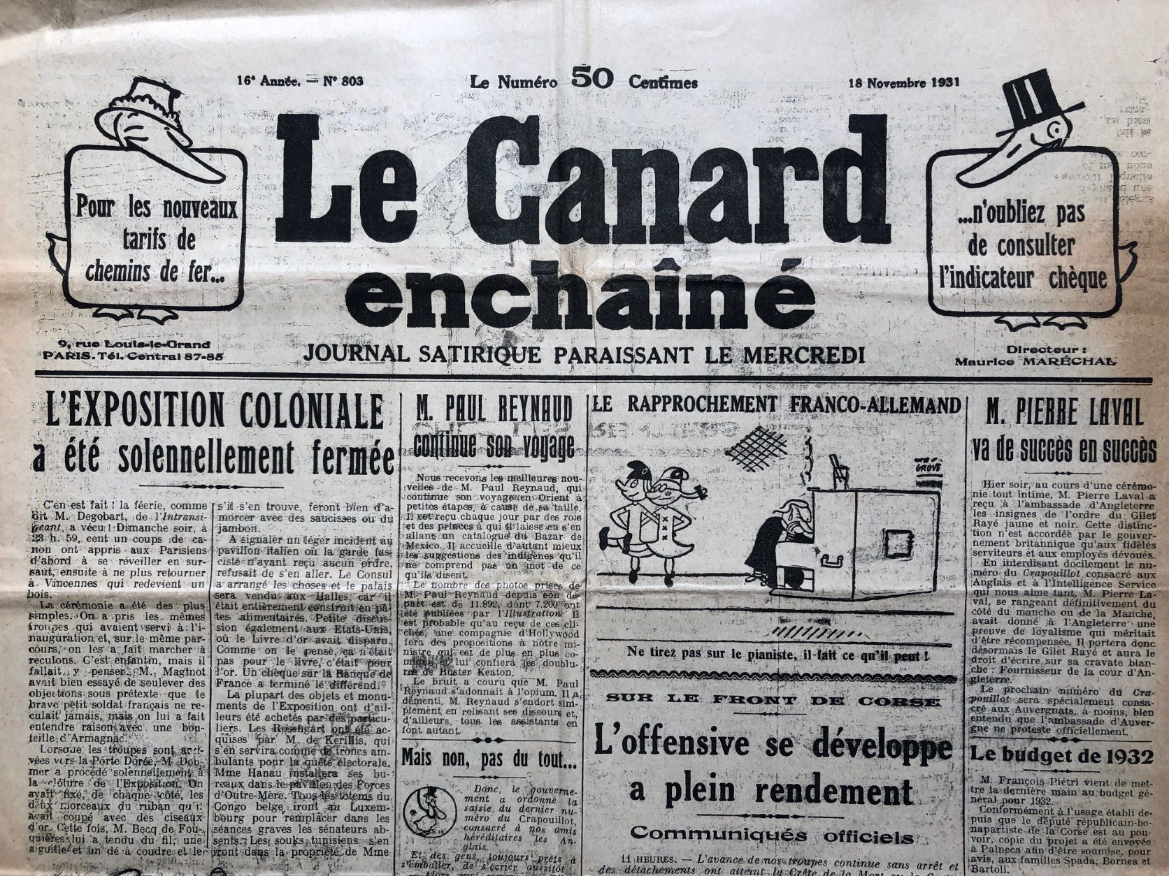 Couac ! | Acheter un Canard | Vente d'Anciens Journaux du Canard Enchaîné. Des Journaux Satiriques de Collection, Historiques & Authentiques de 1916 à 2004 ! | 803