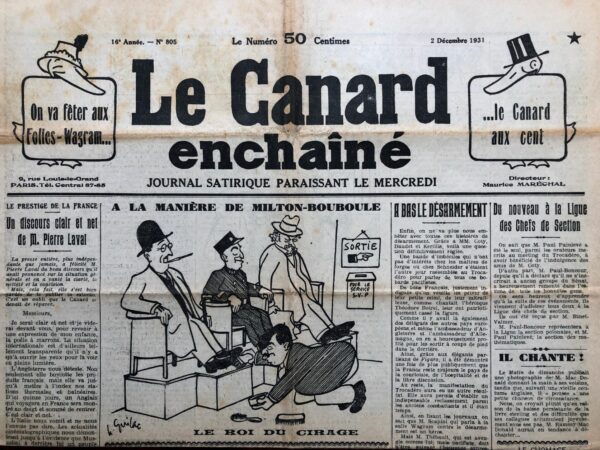 Couac ! | N° 805 du Canard Enchaîné - 2 Décembre 1931 | Nos Exemplaires du Canard Enchaîné sont archivés dans de bonnes conditions de conservation (obscurité, hygrométrie maitrisée et faible température), ce qui s'avère indispensable pour des journaux anciens. | 805