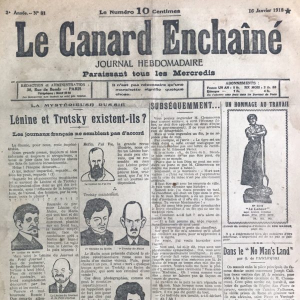 Couac ! | N° 81 du Canard Enchaîné - 16 Janvier 1918 | Nos Exemplaires du Canard Enchaîné sont archivés dans de bonnes conditions de conservation (obscurité, hygrométrie maitrisée et faible température), ce qui s'avère indispensable pour des journaux anciens. | 81