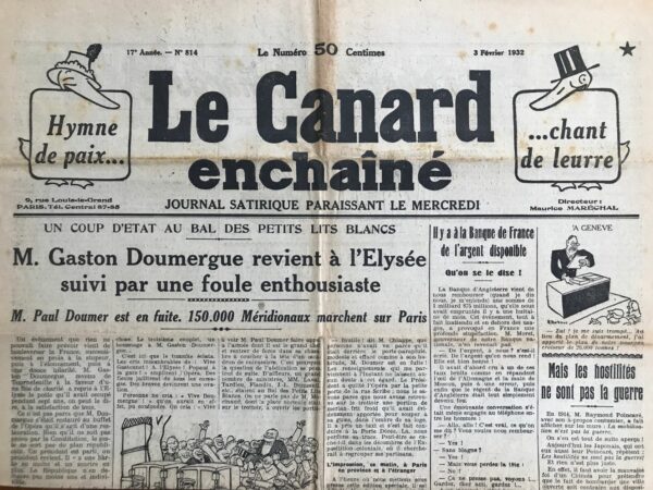 Couac ! | N° 814 du Canard Enchaîné - 3 Février 1932 | Nos Exemplaires du Canard Enchaîné sont archivés dans de bonnes conditions de conservation (obscurité, hygrométrie maitrisée et faible température), ce qui s'avère indispensable pour des journaux anciens. | 814