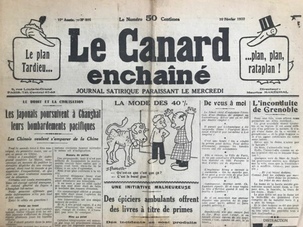 Couac ! | N° 815 du Canard Enchaîné - 10 Février 1932 | Le Droit et la Civilisation - Les japonais poursuivent à Changhaï leurs bombardements pacifiques - Les chinois veulent s'emparer de la Chine, par Pierre Bénard - Après la Mandchourie, le Japon envahit Changhaï (Shangaï). Un traité de paix planifié par l'Angleterre et la France, en la personne d'André Tardieu, est mis en place, plus à l'avantage de ces derniers que du peuple chinois. Bénard ironise sur l'"ordre nouveau" japonais masquant les pires barbaries. | 815