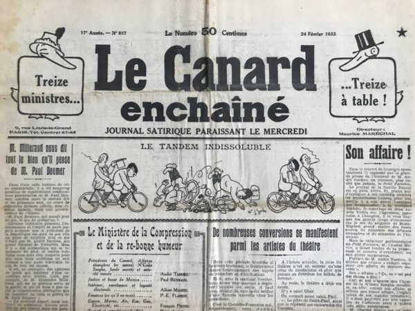 Couac ! | N° 817 du Canard Enchaîné - 24 Février 1932 | Nos Exemplaires du Canard Enchaîné sont archivés dans de bonnes conditions de conservation (obscurité, hygrométrie maitrisée et faible température), ce qui s'avère indispensable pour des journaux anciens. | 817