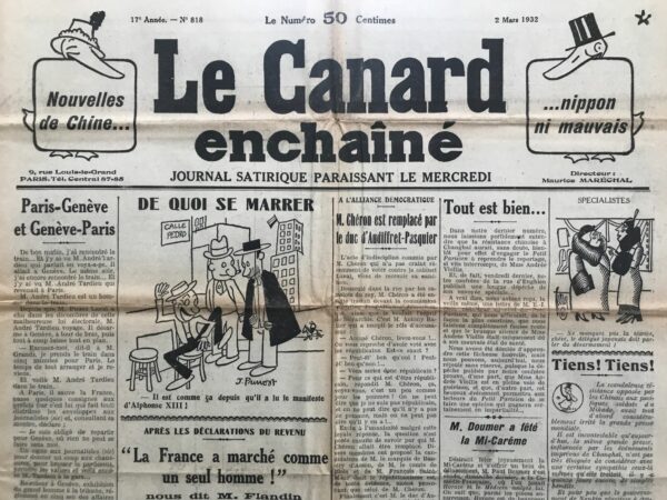 Couac ! | N° 818 du Canard Enchaîné - 2 Mars 1932 | Nos Exemplaires du Canard Enchaîné sont archivés dans de bonnes conditions de conservation (obscurité, hygrométrie maitrisée et faible température), ce qui s'avère indispensable pour des journaux anciens. | 818