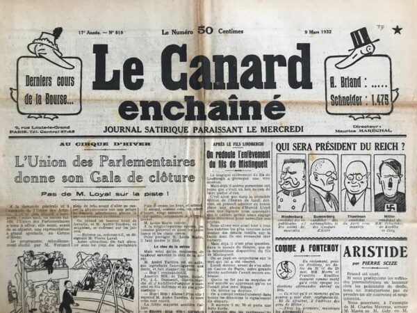 Couac ! | N° 819 du Canard Enchaîné - 9 Mars 1932 | Nos Exemplaires du Canard Enchaîné sont archivés dans de bonnes conditions de conservation (obscurité, hygrométrie maitrisée et faible température), ce qui s'avère indispensable pour des journaux anciens. | 819