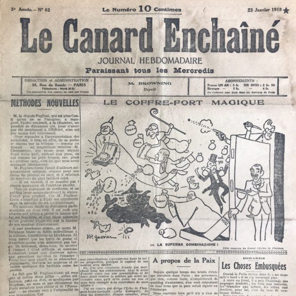 Couac ! | N° 82 du Canard Enchaîné - 23 Janvier 1918 | Nos Exemplaires du Canard Enchaîné sont archivés dans de bonnes conditions de conservation (obscurité, hygrométrie maitrisée et faible température), ce qui s'avère indispensable pour des journaux anciens. | 82