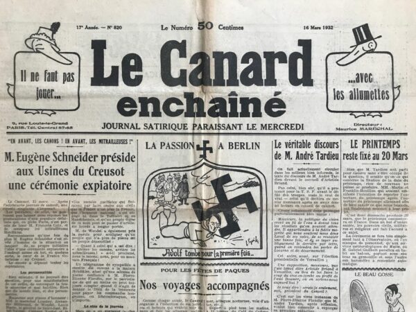 Couac ! | N° 820 du Canard Enchaîné - 16 Mars 1932 | Lui et l'Autre, par André Dahl - Dialogue imaginaire entre le soldat inconnu et Aristide Briand, mort le 7 Mars. Celui qui aura été au centre des négociations d'après guerre et prix Nobel répond au soldat qui s'interroge sur le sens de son sacrifice, "Non, tu es mort pour rien". | 820