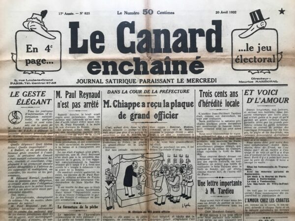 Couac ! | N° 825 du Canard Enchaîné - 20 Avril 1932 | Nos Exemplaires du Canard Enchaîné sont archivés dans de bonnes conditions de conservation (obscurité, hygrométrie maitrisée et faible température), ce qui s'avère indispensable pour des journaux anciens. | 825 1