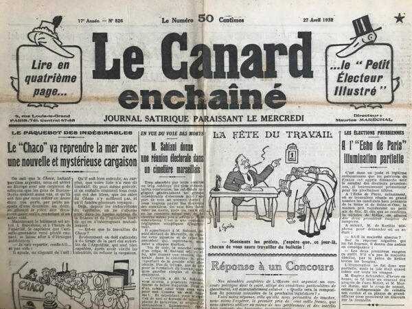 Couac ! | N° 826 du Canard Enchaîné - 27 Avril 1932 | Nos Exemplaires du Canard Enchaîné sont archivés dans de bonnes conditions de conservation (obscurité, hygrométrie maitrisée et faible température), ce qui s'avère indispensable pour des journaux anciens. | 826