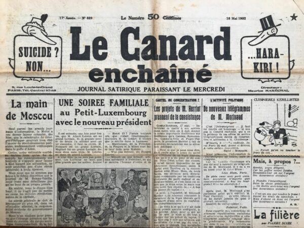 Couac ! | N° 829 du Canard Enchaîné - 18 Mai 1932 | La vie exemplaire d'Albert Lebrun - Albert Lebrun est élu Président en 1932, succédant à Paul Doumer, assassiné. Fonction honorifique à l'époque, ce qui ne le met pas à l'abri des critiques du Canard, notamment pour son amitié avec les "marchands de canons" et autres " maitres de forges". | 829