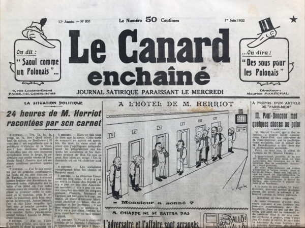 Couac ! | N° 831 du Canard Enchaîné - 1 Juin 1932 | Nos Exemplaires du Canard Enchaîné sont archivés dans de bonnes conditions de conservation (obscurité, hygrométrie maitrisée et faible température), ce qui s'avère indispensable pour des journaux anciens. | 831