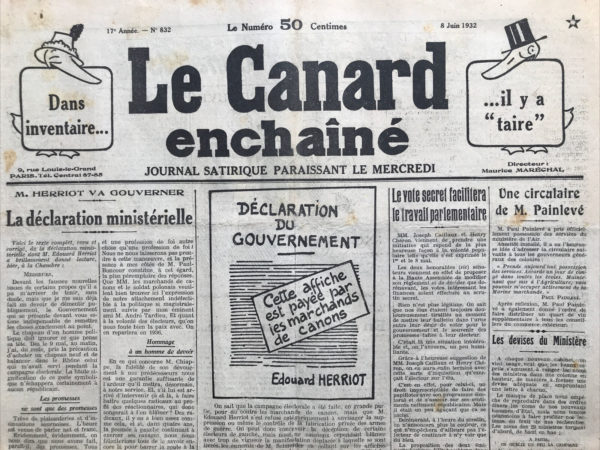 Couac ! | N° 832 du Canard Enchaîné - 8 Juin 1932 | Nos Exemplaires du Canard Enchaîné sont archivés dans de bonnes conditions de conservation (obscurité, hygrométrie maitrisée et faible température), ce qui s'avère indispensable pour des journaux anciens. | 832