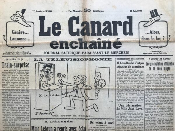 Couac ! | N° 833 du Canard Enchaîné - 15 Juin 1932 | Nos Exemplaires du Canard Enchaîné sont archivés dans de bonnes conditions de conservation (obscurité, hygrométrie maitrisée et faible température), ce qui s'avère indispensable pour des journaux anciens. | 833