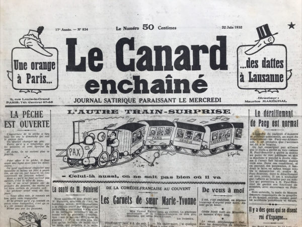 Couac ! | N° 834 du Canard Enchaîné - 22 Juin 1932 | Nos Exemplaires du Canard Enchaîné sont archivés dans de bonnes conditions de conservation (obscurité, hygrométrie maitrisée et faible température), ce qui s'avère indispensable pour des journaux anciens. | 834