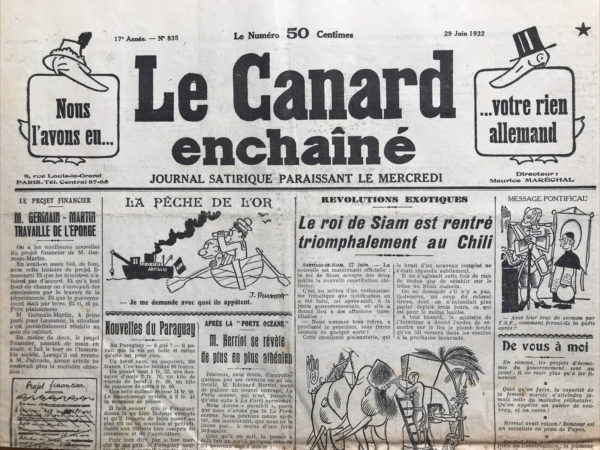 Couac ! | N° 835 du Canard Enchaîné - 29 Juin 1932 | Nos Exemplaires du Canard Enchaîné sont archivés dans de bonnes conditions de conservation (obscurité, hygrométrie maitrisée et faible température), ce qui s'avère indispensable pour des journaux anciens. | 835