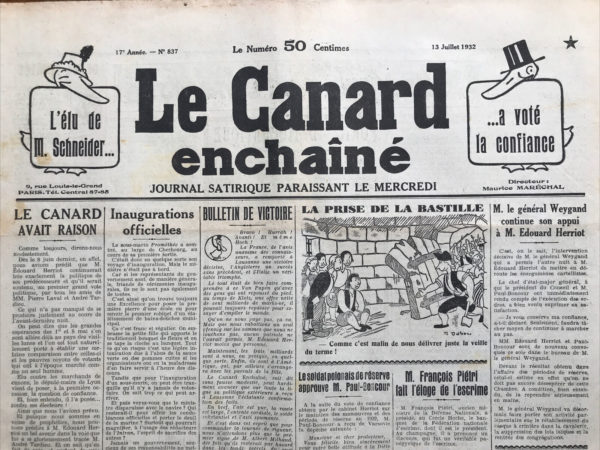 Couac ! | N° 837 du Canard Enchaîné - 13 Juillet 1932 | Nos Exemplaires du Canard Enchaîné sont archivés dans de bonnes conditions de conservation (obscurité, hygrométrie maitrisée et faible température), ce qui s'avère indispensable pour des journaux anciens. | 837