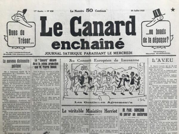 Couac ! | N° 838 du Canard Enchaîné - 20 Juillet 1932 | Nos Exemplaires du Canard Enchaîné sont archivés dans de bonnes conditions de conservation (obscurité, hygrométrie maitrisée et faible température), ce qui s'avère indispensable pour des journaux anciens. | 838