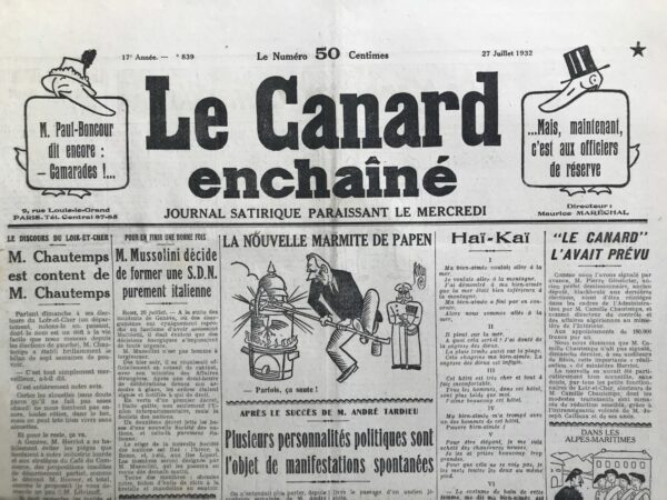 Couac ! | N° 839 du Canard Enchaîné - 27 Juillet 1932 | Nos Exemplaires du Canard Enchaîné sont archivés dans de bonnes conditions de conservation (obscurité, hygrométrie maitrisée et faible température), ce qui s'avère indispensable pour des journaux anciens. | 839