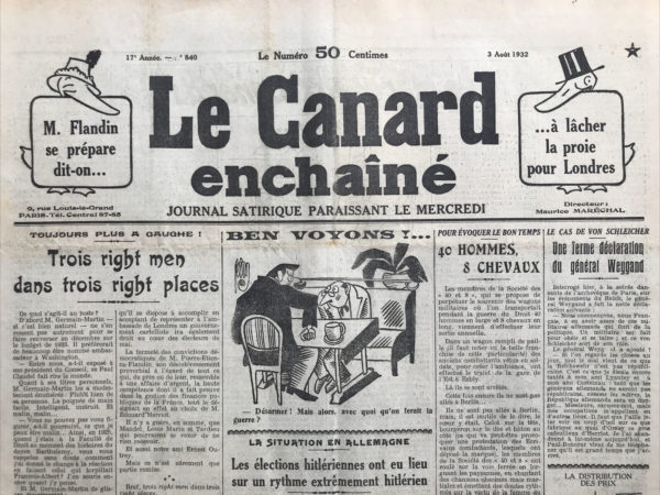 Couac ! | N° 840 du Canard Enchaîné - 3 Août 1932 | Nos Exemplaires du Canard Enchaîné sont archivés dans de bonnes conditions de conservation (obscurité, hygrométrie maitrisée et faible température), ce qui s'avère indispensable pour des journaux anciens. | 840